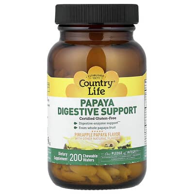 Country Life Papaya Digestive Support, Pineapple Papaya, 200 жевательных таблеток