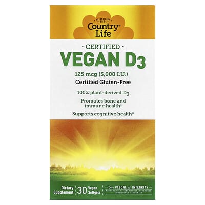 Country Life веганские D3, 125 mcg (5,000 IU), 30 веганских мягких капсул