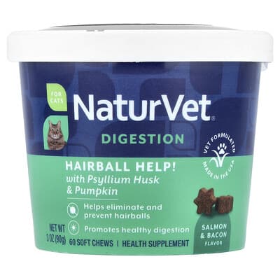 Digestion, Hairball Helps with Psyllium Husk & Pumpkin, For Cats, Salmon & Bacon, 60 Soft Chews, 3 oz (90 g)