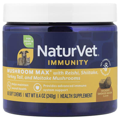NaturVet Immunity, Mushroom Max® with Reishi, Shiitake, Turkey Tail and Maitake Mushrooms, Для собак и кошек, Hickory Smoked Bacon, 60 Soft Chews, 8.4 oz (240 g)