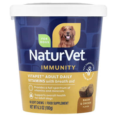 NaturVet VitaPet™ Adult витамины для собак с поддержкой дыхания, Bacon & Chicken, 60 мягких жевательных таблеток, 6.3 oz (180 g)