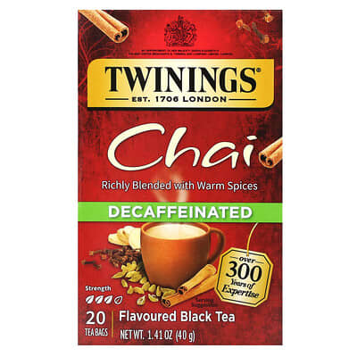 Черный ароматизированный чай, Chai, без кофеина, 20 чайных пакетиков, 1.41 oz (40 g)