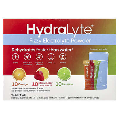 Электролитный порошок Fizzy Electrolyte Powder, ассорти, апельсин, клубничный лимонад, лайм, 30 пакетиков, 6.9 oz (200 g)