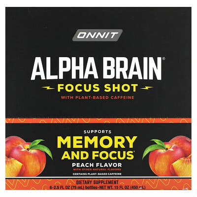 Onnit Alpha BRAIN® Focus Shot, персик, 6 бутылок, 2.5 fl oz (74 ml) каждая