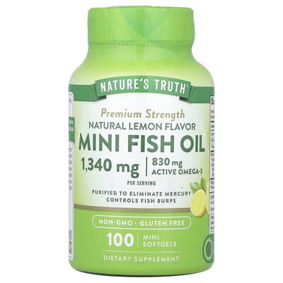 Mini Fish Oil, премиальная сила, натуральный лимон, 100 мини-софтгелей (670 mg per Softgel)
