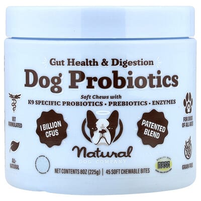 Natural Dog Company Пробиотики для собак для здоровья кишечника и пищеварения 45 мягких кусочков 8 oz (225 g)