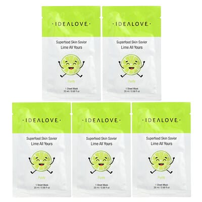 Superfood Skin Savior, Lime All Yours, 5 тканевых масок для лица, 0.68 fl oz (20 ml) каждая