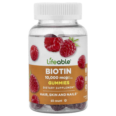 Lifeable жевательные мармеладки с биотином, малина, 60 шт (5,000 mcg на шт)