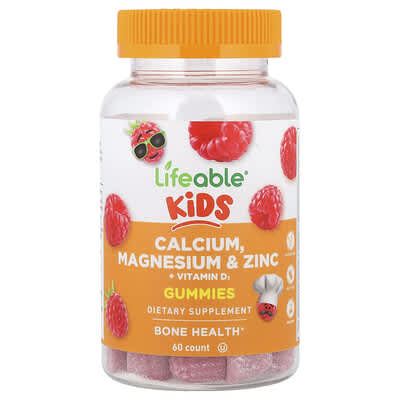 Kids Calcium, Magnesium & Zinc + Vitamin D3 Gummies, Raspberry, 60 Gummies