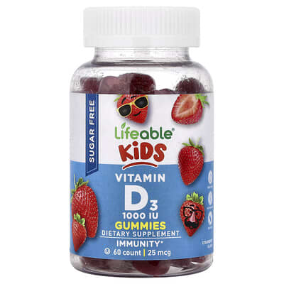Детские витаминные мармеладки D3, без сахара, клубника, 25 mcg (1,000 IU), 60 шт