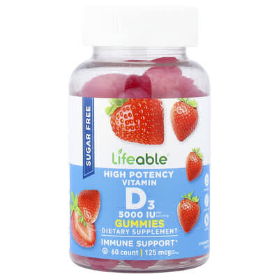 High Potency Vitamin D3 Gummies, Strawberry, 125 mcg (5,000 IU), 60 Gummies