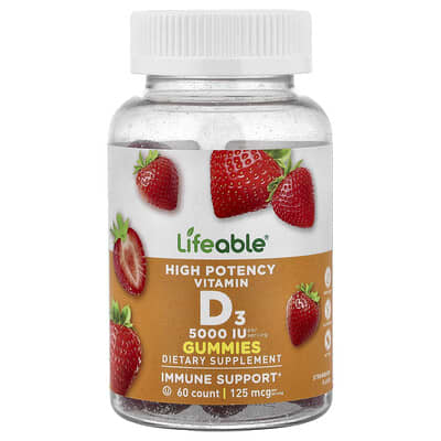 Витаминные мармеладки Lifeable High Potency Vitamin D3, Strawberry, 60 Gummies (62.5 mg (2,500 IU) per Gummy)
