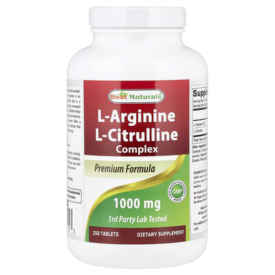 Best Naturals L-Arginine, L-Citrulline комплекс, 1,000 mg, 250 таблеток