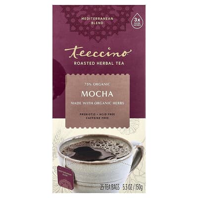 Teeccino Травяной чай, обжаренная цикория, Mocha, без кофеина, 25 пакетиков, 5.3 oz (150 g)