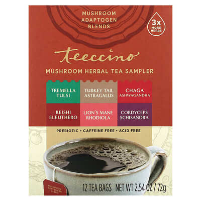 Mushroom Herbal Tea Sampler, 6 Flavors, Caffeine Free, 12 Tea Bags, 2.54 oz (72 g)