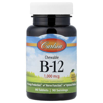 Carlson Жевательные витамины B-12, натуральный лимон, 1,000 mcg, 90 таблеток