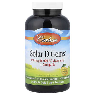Solar D Gems®, витамин D3 + Omega-3, натуральный лимон, 360 мягких капсул