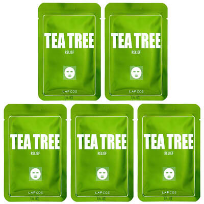 Набор тканевых масок для лица Lapcos Tea Tree Relief Beauty Sheet Mask Set, 5 Sheets, 0.84 fl oz (25 ml) Each