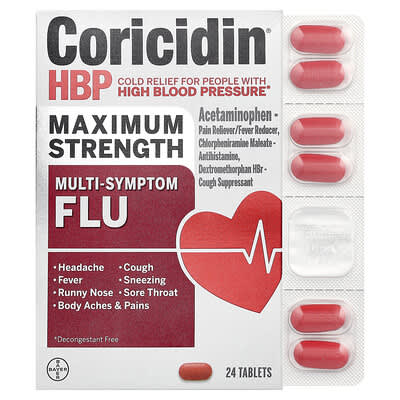 Препарат от гриппа Coricidin HBP Multi-Symptom Flu, 24 таблетки