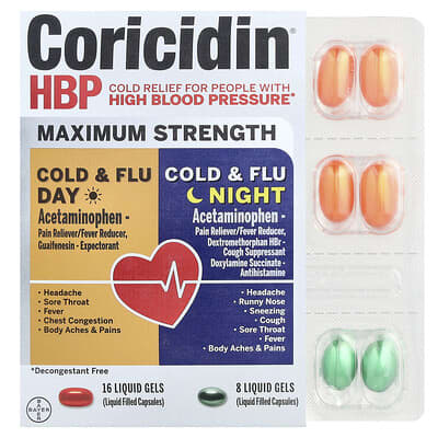 Лекарство от простуды Coricidin HBP Cold & Flu Day and Night, 2 Bottles, 24 Liquid Gels