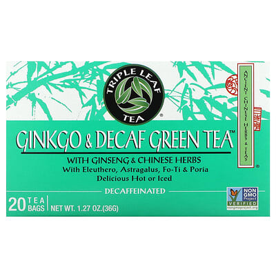 Triple Leaf Tea Ginkgo & Decaf Green Tea, 20 чайных пакетиков, 1.27 oz (36 g)