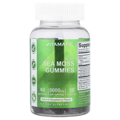 Vegan Sea Moss Gummies, Natural Raspberry, 60 Gummies