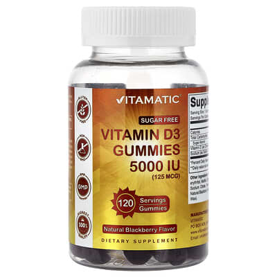 Желейные витамины Vitamatic D3, без сахара, Natural Blackberry, 125 mcg (5,000 IU), 120 шт