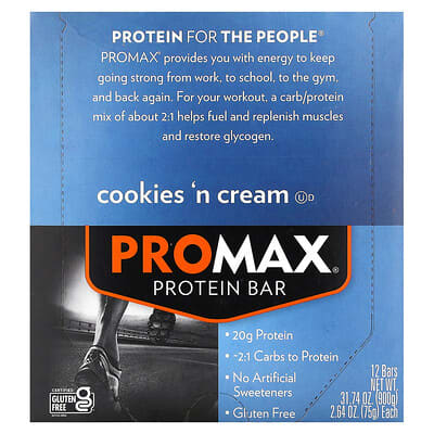 Протеиновый батончик ProMax Protein Bar, Cookies 'n Cream, 12 шт, 2.64 oz (75 g) каждый