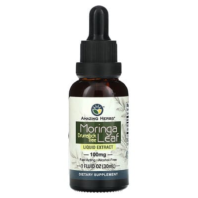 Жидкий экстракт листьев моринги Amazing Herbs, 100 mg, 1 fl oz (30 ml)