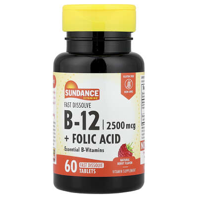 B-12 + Folic Acid, быстрорастворимые, натуральный ягодный вкус, 60 таблеток