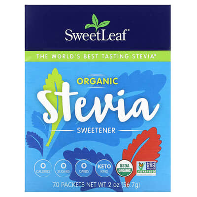 SweetLeaf Stevia органический подсластитель стевия, 70 пакетиков, 0.028 oz (0.8 g) каждый