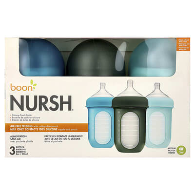 Nursh®, силиконовая бутылочка, 3m+, Medium, 3 шт, 8 oz (236 ml) каждая