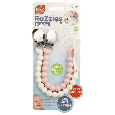 RaZzies Pacifier Holder, 0m+, Pink/Beige, 2 Holders
