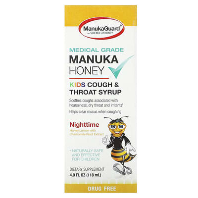 Детский сироп от кашля и боли в горле ManukaGuard, на ночь, Мед-Лимон, 4 fl oz (118 ml)