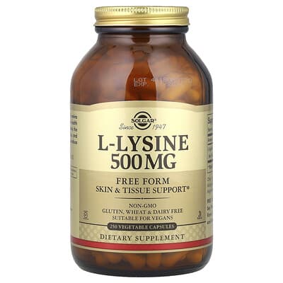 L-Lysine, свободная форма, 500 mg, 250 вегетарианских капсул
