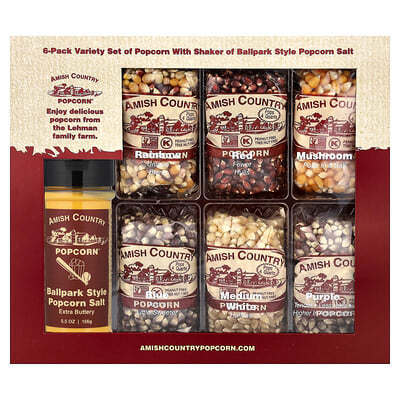 Variety Set Popcorn with Shaker of Ballpark Style Popcorn Salt, 7 Pieces