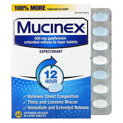 Mucinex от заложенности груди, 600 mg, 40 таблеток пролонгированного действия
