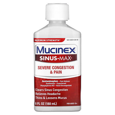 Sinus-Max от Mucinex от заложенности носа и боли, для возраста 12+, 6 fl oz (180 ml)