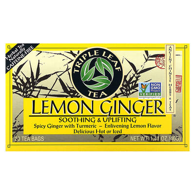 Чай с лимоном и имбирем без кофеина Triple Leaf Tea, 20 пакетиков, 1.41 oz (40 g)