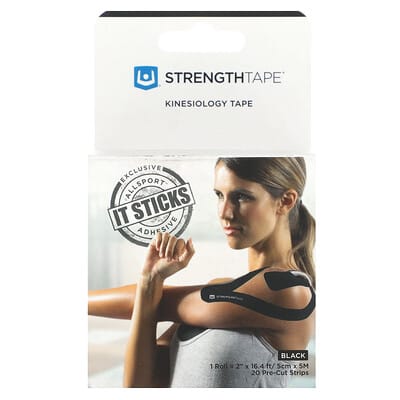 Кинезиологическая лента Strengthtape, черная, 20 предварительно нарезанных полосок