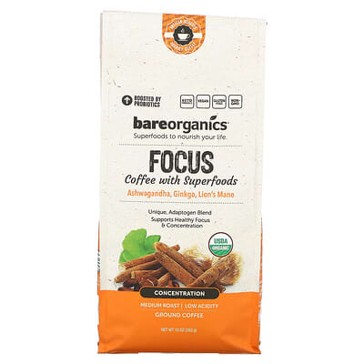 BareOrganics кофе Focus с суперфудами, молотый, Medium Roast, 10 oz (283 g)