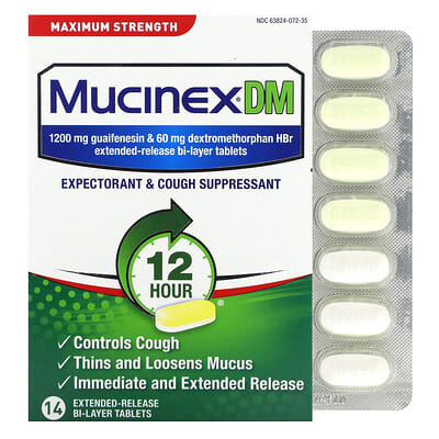 Препарат Mucinex DM, Maximum Strength, 14 Extended-Release Bi-Layer Tablets