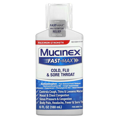 Fast-Max от Mucinex от простуды и боли в горле, Maximum Strength, для возраста 12+, 6 fl oz (180 ml)