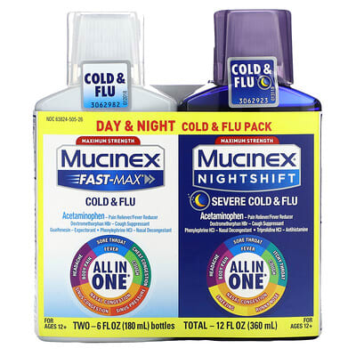 Набор Mucinex Day & Night Cold & Flu, Maximum Strength, 6 fl oz (180 ml) Each