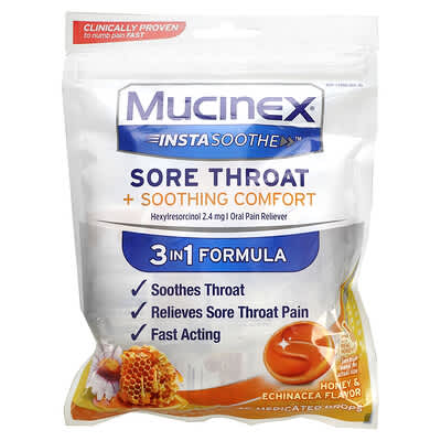InstaSoothe от Mucinex, от боли в горле, мед и эхинацея, 40 лечебных капель