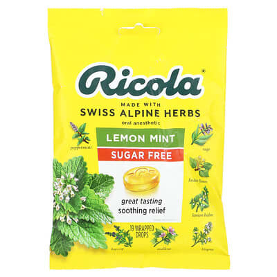 Ricola Местный анестетик для полости рта, без сахара, лимон-мята, 1.1 mg, 19 упакованных капель
