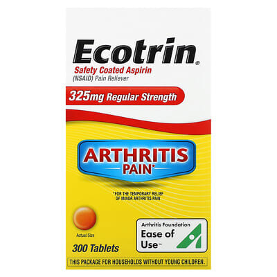 Ecotrin Aspirin от боли при артрите, обычная крепость, 325 mg, 300 таблеток