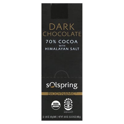 Solspring®, Biodynamic®, Dark Chocolate Bar, 70% Cocoa with Himalayan Salt, 12 Bars, 1.41 oz (40 g) Each