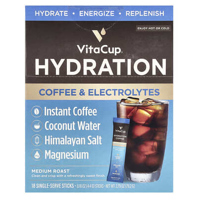 Hydration Instant Coffee & Electrolytes, Medium Roast, 18 Single-Serve Sticks, 0.16 oz (4.4 g) Each