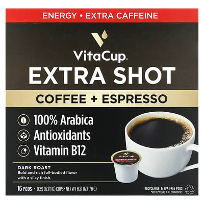 Кофе VitaCup Extra Shot, Coffee + Espresso, Dark Roast, 16 Pods, 0.39 oz (11 g) Each
